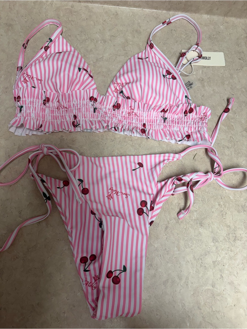 NWT Sea Molly Small Pink Stripe Cherry Tie-Side Bikini set